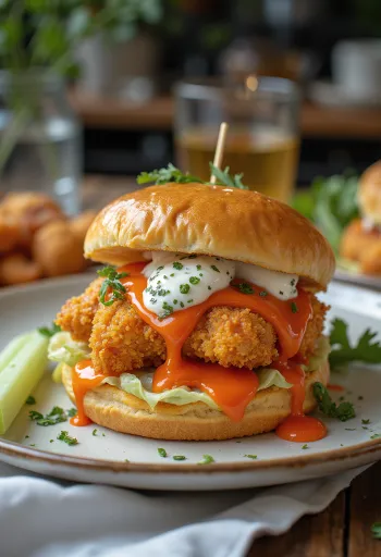 Burger de poulet Buffalo avec panure croustillante et sauce piquante