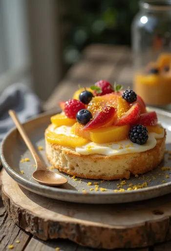 Gâteau au fromage blanc aux fruits servi en tranches