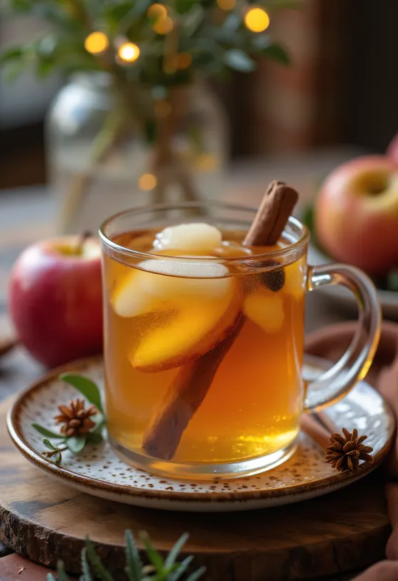 Un verre de cidre de Noël avec une tranche d'orange et un bâton de cannelle.