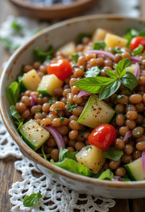 Salade de lentilles au vinaigre balsamique et légumes frais