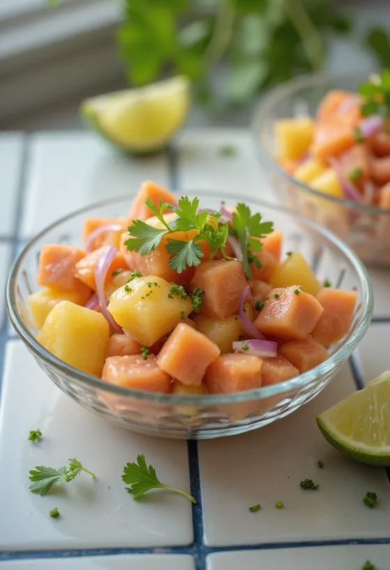 Lomi salmon à l'ananas avec légumes frais et saveurs piquantes