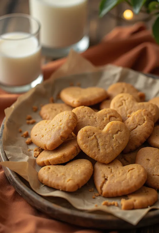 Biscuits fins bruns en forme de cœur empilés sur une table en bois