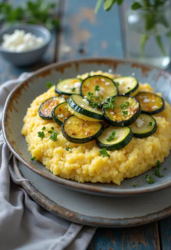 Polenta aux courgettes rôties, base crémeuse servie avec des rondelles de légumes croustillantes