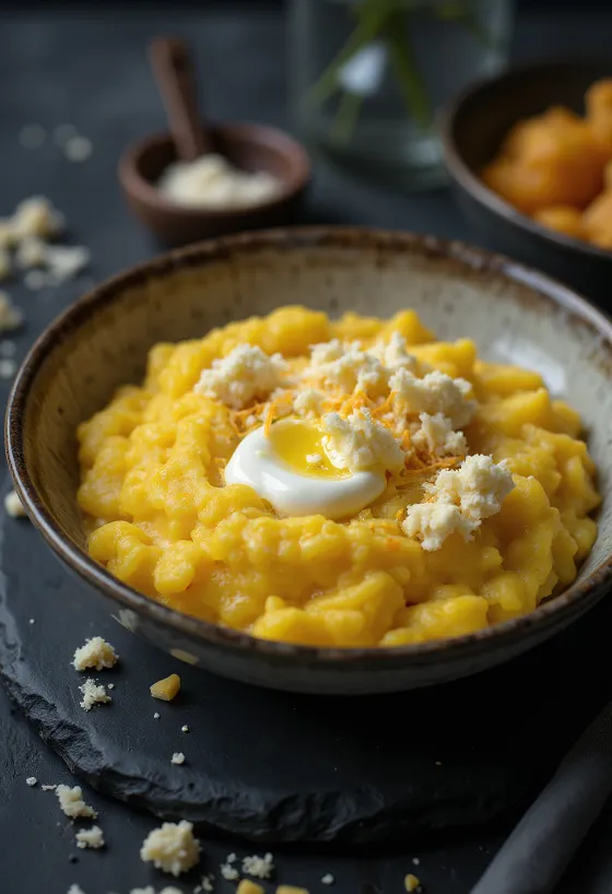 Polenta crémeuse fraîchement cuite, servie avec du beurre et du fromage sur un plateau en bois.