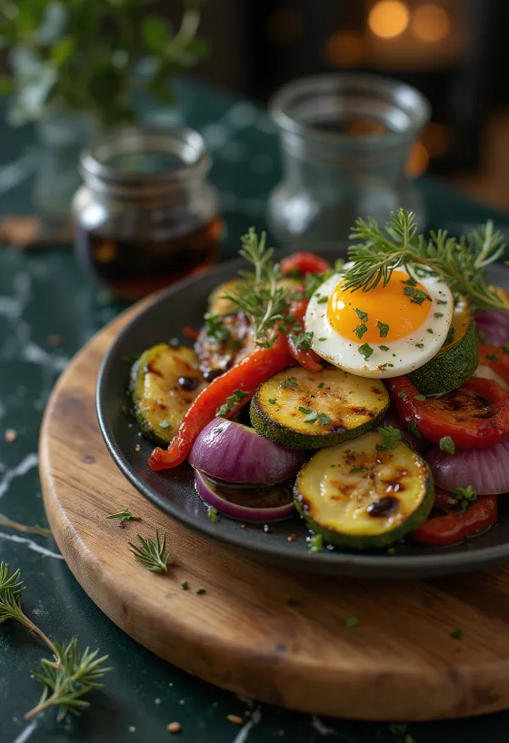 Légumes rôtis au vinaigre balsamique servis sur assiette