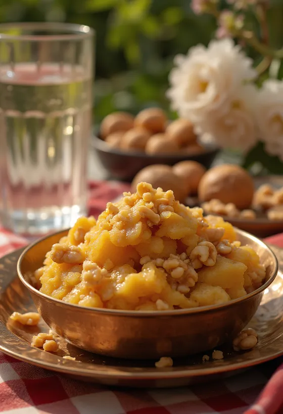 Aate ka Halwa aux riches saveurs épicées, avec noix grillées et eau de rose.
