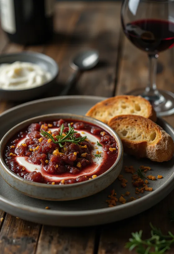 Bagna cauda au vin rouge, sauce poisson à l'ail, servie avec persil