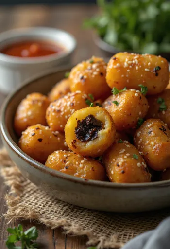 Tater tots au boudin noir, tater tots dorés et croustillants au boudin noir, sésame frais