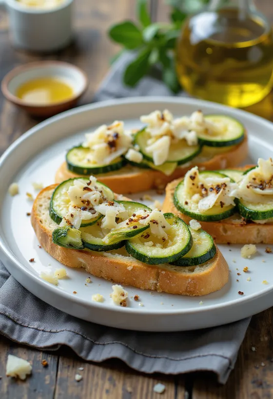 Bruschetta à la courgette, décorée de parmesan et basilic