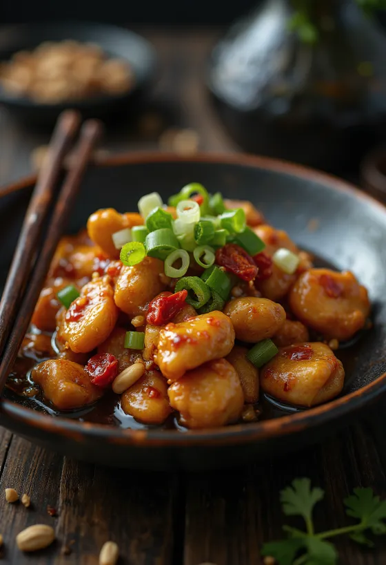 Poulet façon Sichuan servi avec du riz