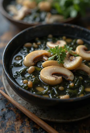Miyeokguk aux champignons, soupe coréenne riche et savoureuse aux champignons et algues.