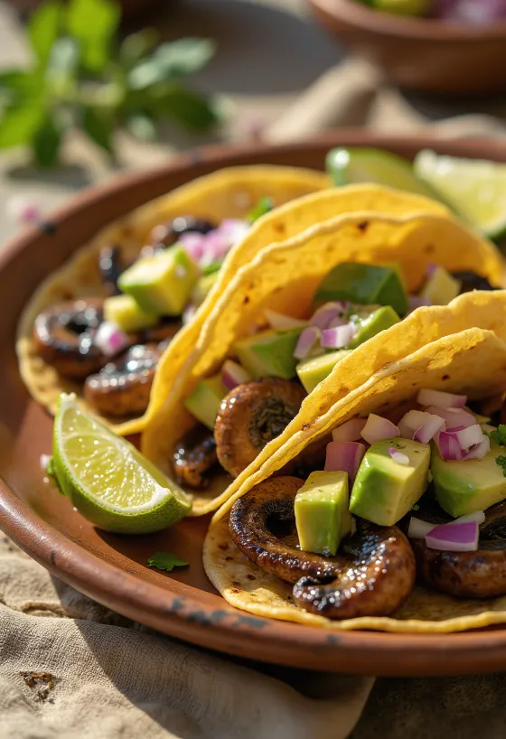 Taco aux champignons avec champignons épicés grillés, coriandre et légumes frais