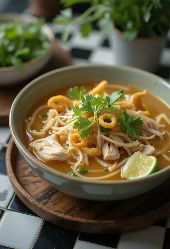 Hủ tiếu au poulet, servi avec de la coriandre fraîche et de l'oignon vert, riche bouillon