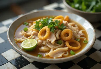 Hủ tiếu au poulet, servi avec de la coriandre fraîche et de l'oignon vert, riche bouillon