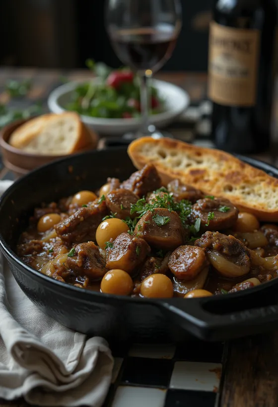 Bœuf Bourguignon, ragoût de bœuf au vin rouge servi avec légumes vapeur