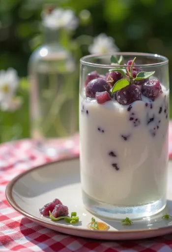 Kéfir à la prune en verre, décoré de basilic