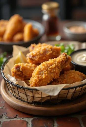 Ailes de poulet panées dorées et croustillantes, servies avec légumes frais et trempette.