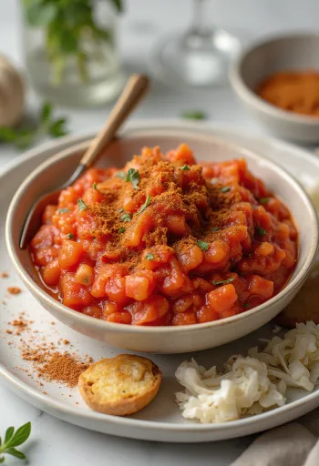 Sauce tomate au paprika et romarin dans un bol, décorée de romarin frais et de paprika.