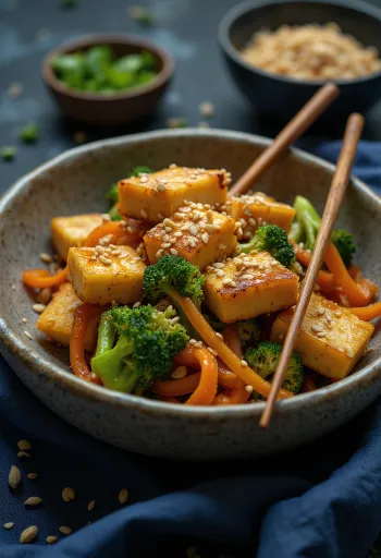 Poêlée de tofu aux légumes servie chaude