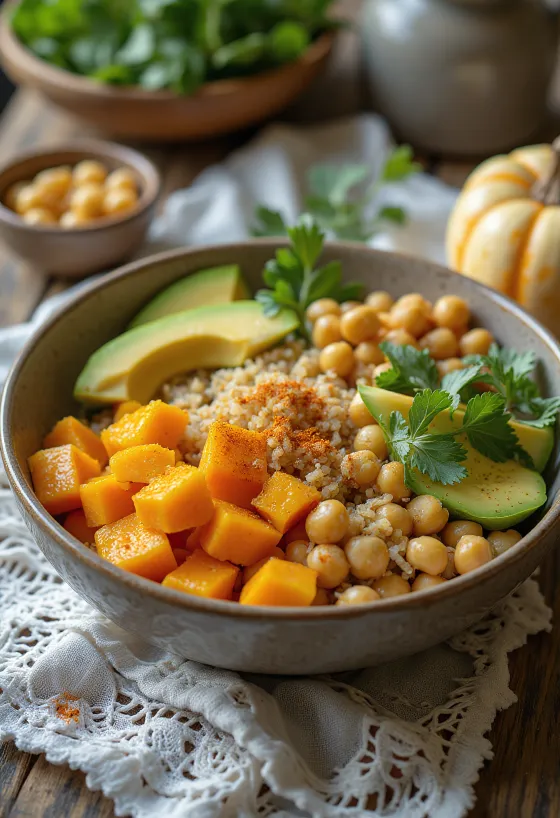 Buddha bowl au potimarron avec légumes frais et quinoa