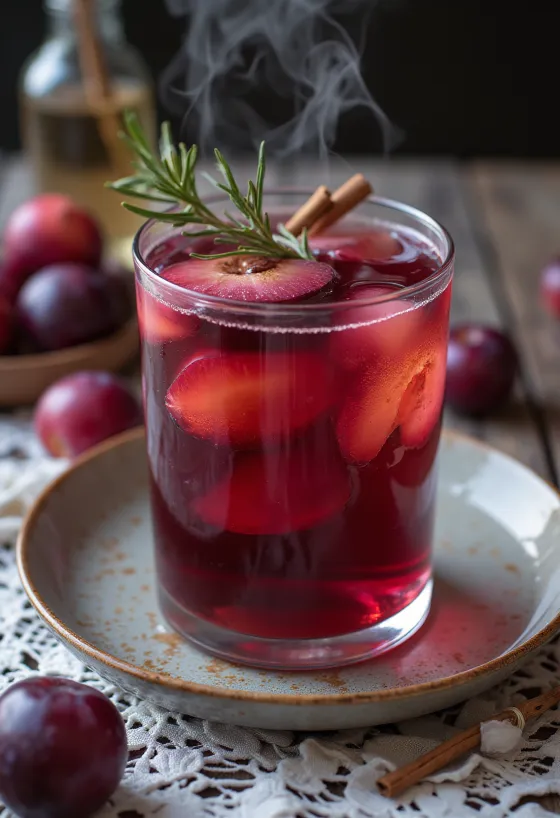 Cidre aux prunes servi dans un verre