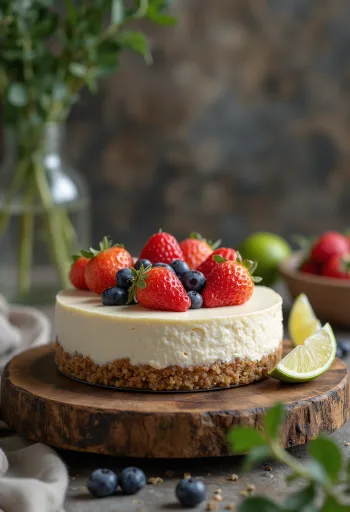 Cheesecake vegan servi avec des fruits rouges