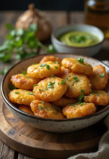 Aloo Bhaji fraîchement préparé, boulettes de pommes de terre croustillantes