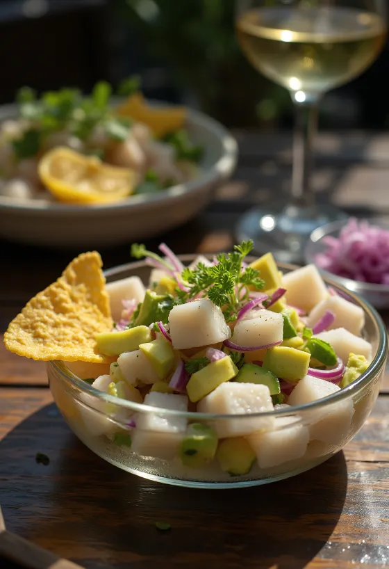 Ceviche frais servi avec lime, coriandre et avocat