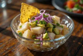 Ceviche frais servi avec lime, coriandre et avocat
