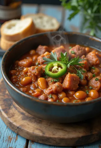 Goulash de haricots traditionnel hongrois riche en légumes et morceaux de viande, décoré de crème et persil