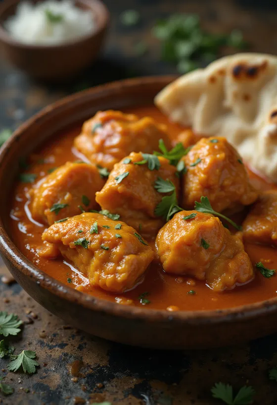 Poulet tikka masala dans une sauce tomate crémeuse, décoré de coriandre fraîche