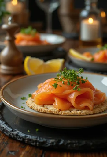 Gravlax à la citronnelle, avec tranches de poisson frais et légumes