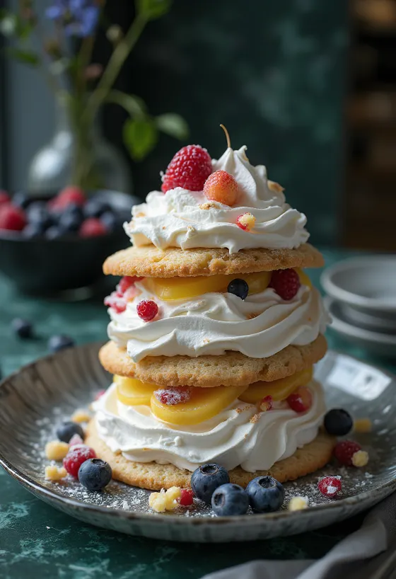Gâteau meringue décoré de fruits