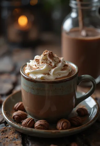 Chocolat chaud viennois décoré de crème fouettée et copeaux de chocolat