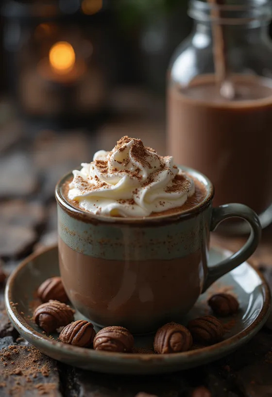 Chocolat chaud viennois décoré de crème fouettée et copeaux de chocolat