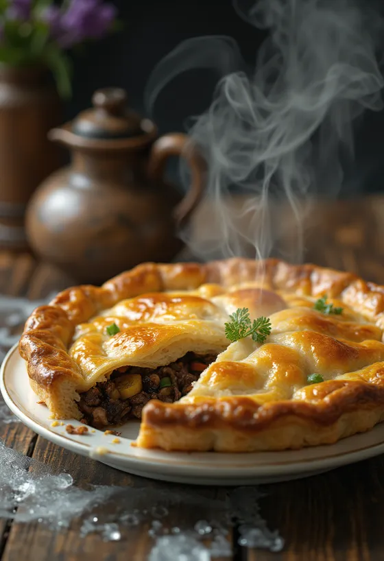 Seal flipper pie servie dans un plat rustique avec une pâte feuilletée dorée.