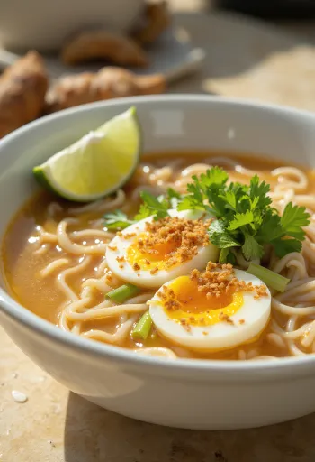 Soto Banjar soupe de poulet aux œufs durs, tranches de citron vert et coriandre