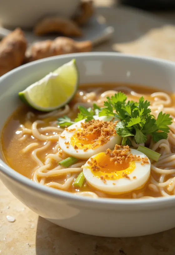 Soto Banjar soupe de poulet aux œufs durs, tranches de citron vert et coriandre