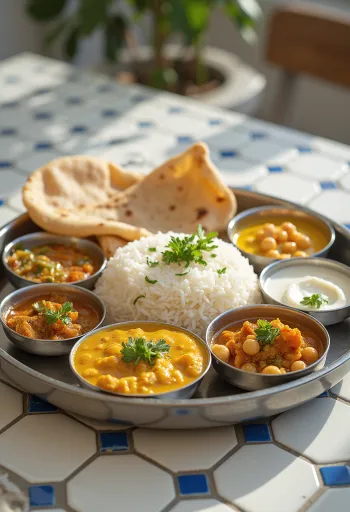 Repas Thali avec divers plats comme riz basmati, curry de pois chiches, légumes, papadum et chutney de menthe