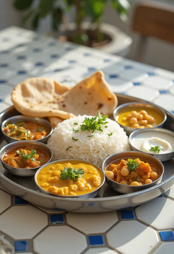 Repas Thali avec divers plats comme riz basmati, curry de pois chiches, légumes, papadum et chutney de menthe