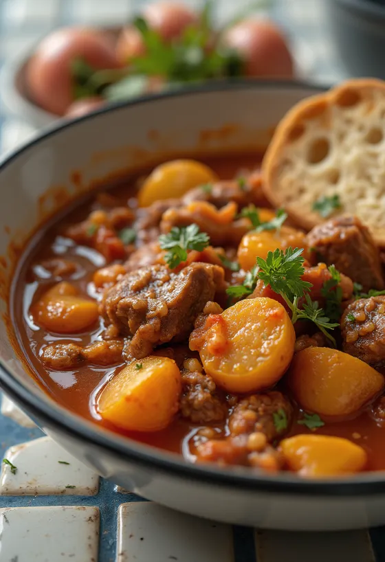 Goulash de bœuf servi dans un bol rustique