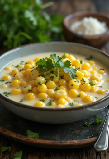 Chè au maïs, servi avec lait de coco et vanille, décoré de coriandre fraîche
