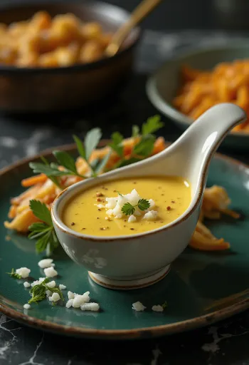 Sauce onctueuse à l'oignon et au curry servie dans une saucière