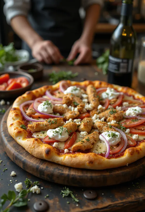 Pizza Gyros avec poulet rôti, fromage feta et sauce tzatziki