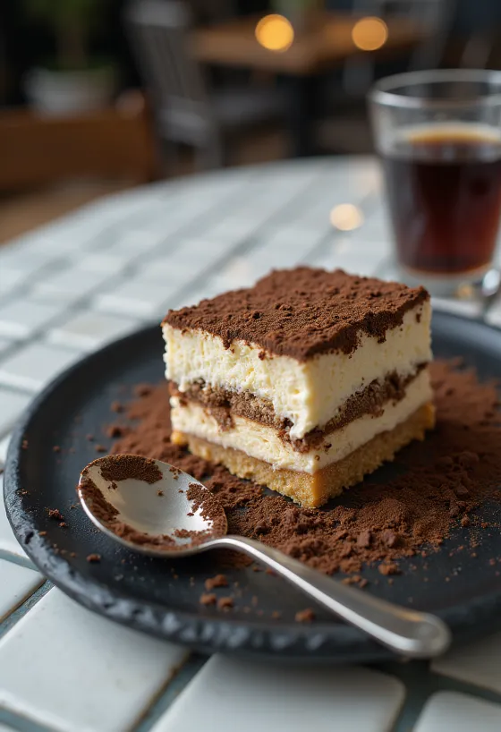 Gâteau Tiramisu mousseux saupoudré de cacao
