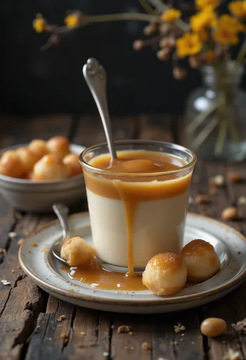 Crème caramel décorée de crème fouettée et de sauce caramel.