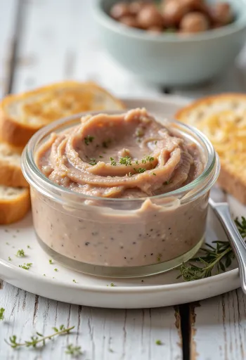 Pâté de foie crémeux tartiné sur des tranches de pain frais, décoré d'herbes.