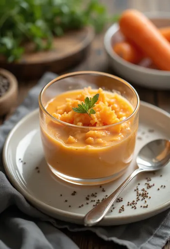 Yaourt probiotique à la carotte servi dans des verres, dessert crémeux de teinte orange