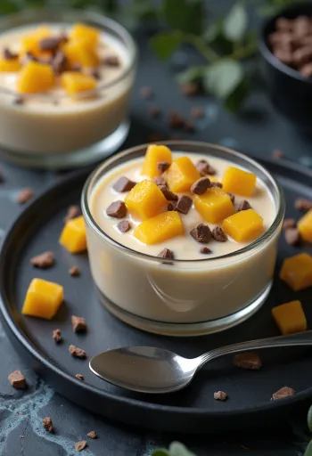 Dessert au kéfir servi avec chocolat au lait et dés de mangue