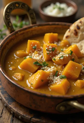 Curry de courge crémeux servi avec de la coriandre fraîche